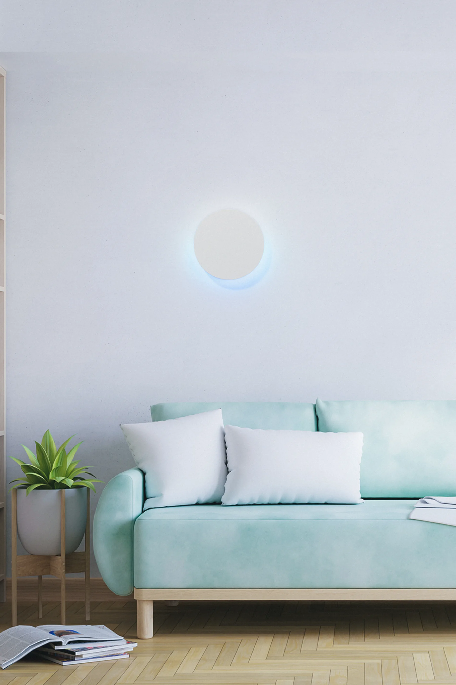 DISC on the wall of a living room with a bookshelf